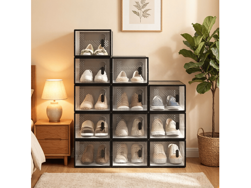  Meuble à chaussures modulaire avec 12 boîtes empilables transparentes à ouverture frontale pour chambre, noir  - Conforama B