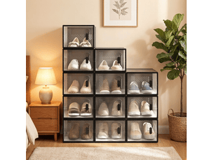 Meuble à chaussures modulaire avec 12 boîtes empilables transparentes à ouverture frontale pour chambre, noir