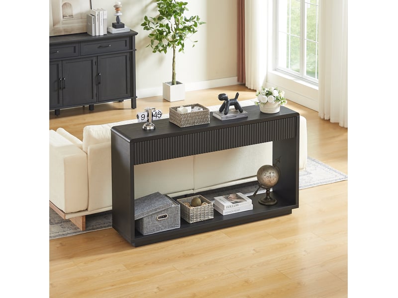 Console d'entrée avec 2 grands tiroirs, niche ouverte et fixation murale, panneaux rainurés noirs 150 × 35 × 85 cm - Conforama B