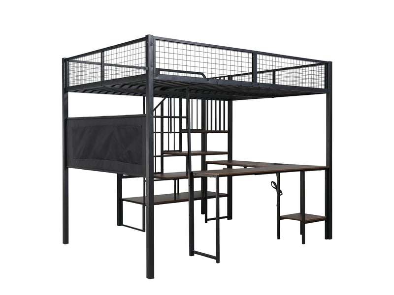 Lit mezzanine avec rangement, bureau et chargeur usb noir vintage - Conforama D