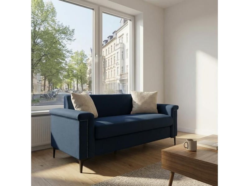  Sofa - fx-p22eu-bu - 2 places - tissu en lin doux - bleu - pieds en métal 15 cm bleu - Conforama B