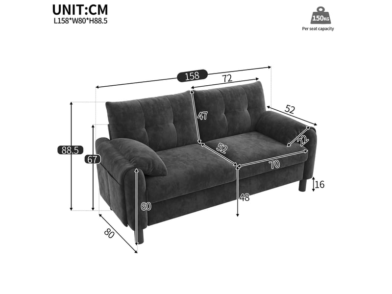 Canapé 2 places en chenille gris avec poches latérales et 2 coussins inclus, design scandinave - Conforama C