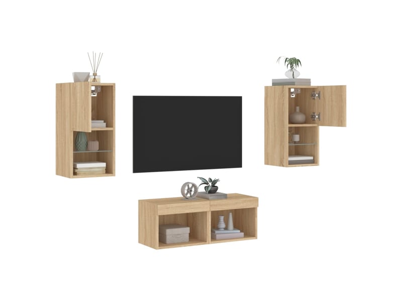  Meuble tv - banc tv - meuble de rangement muraux 4 pcs avec lumières led chêne sonoma  - Conforama E