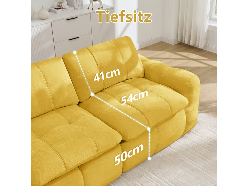  Canapé droit modulable 4 places en chenille jaune – 334 x 97 x 68 cm Fay Lum - Conforama E