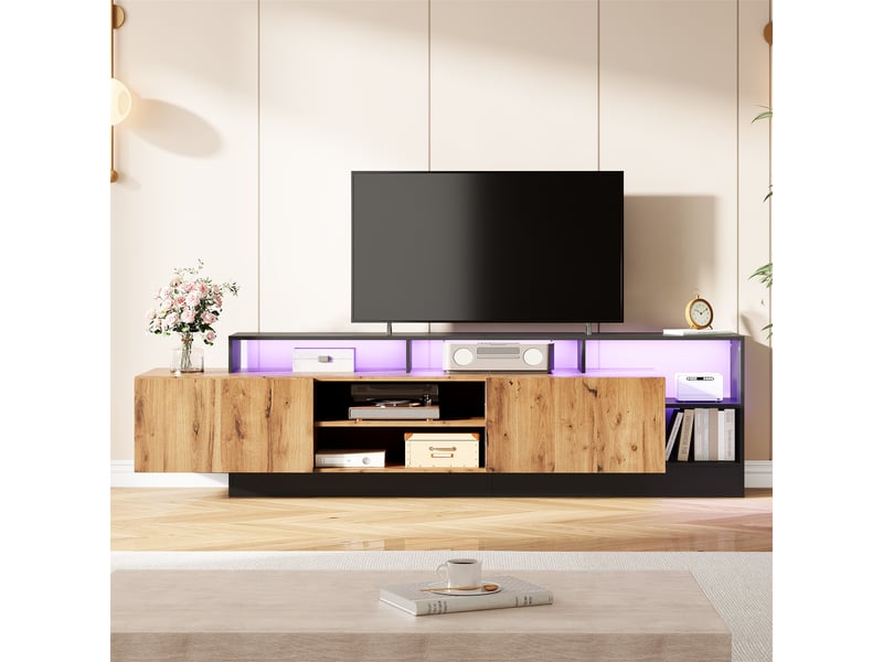 Meuble tv moderne 190 cm jusqu’à 70 pouces, finition chêne et noire, rangements ouverts, portes abattantes et éclairage led usb - Conforama D
