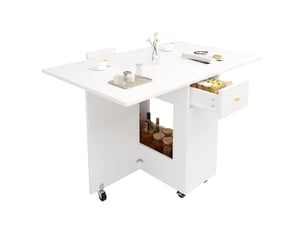Table à manger 120x75x75 cm,table pliante rangement ouvert, 2 tiroirs, roulettes avec frein, pour 2-4 personnes, salon et salle à manger, blanc