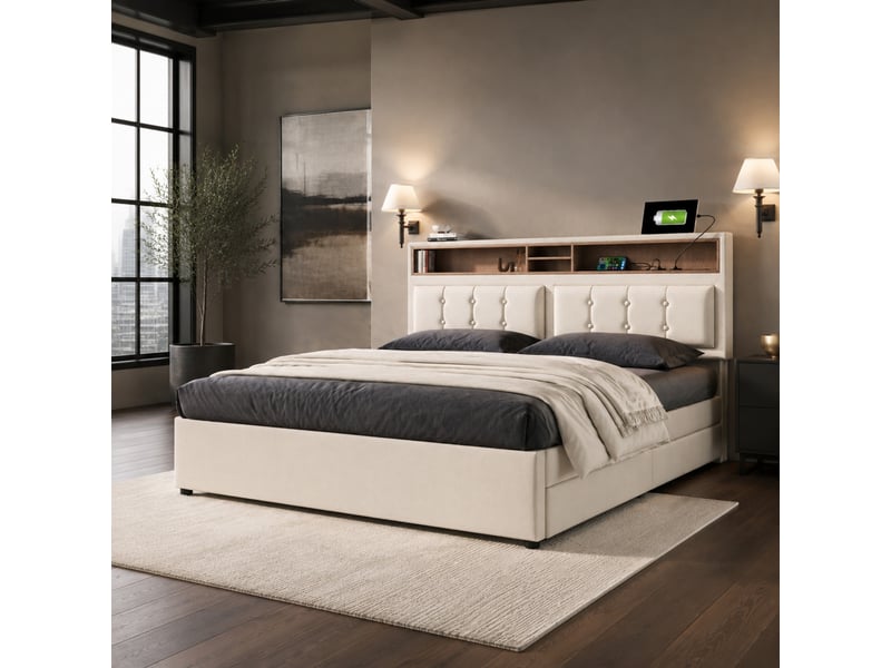  Lit double 140x200 cm avec 4 tiroirs, tête de lit réglable et usb-c, beige clair  - Conforama B