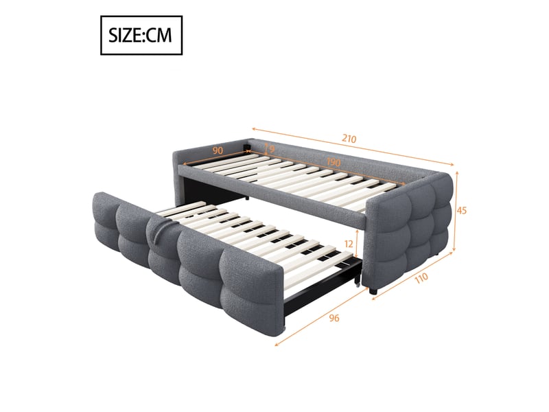  Lit gigogne 90x190 cm, lit enfant, lit 2 place, mobilier chambre, structure mdf métal, tissu teddy, gris, sans matelas  - Conforama C