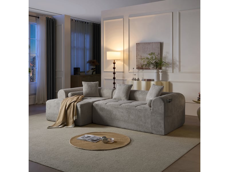  Canapé d'angle chenille gris clair 4 places 263 cm - assise ergonomique et poche latérale  - Conforama D