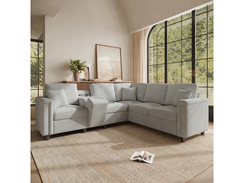 Canapé d’angle 5 places 235x208x83 cm, canapé de salon, sofa modulable, usbtype-c, rangement, porte-gobelets, lampe de lecture, chenille, gris CozyNest - Conforama E