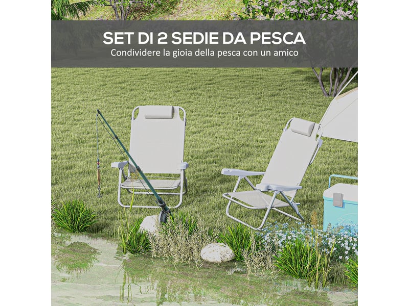  Lot de 2 chaises de camping pliantes et inclinables à 6 positions, en aluminium et mousse, 62 x 65 x 80 cm, gris clair  - Conforama E