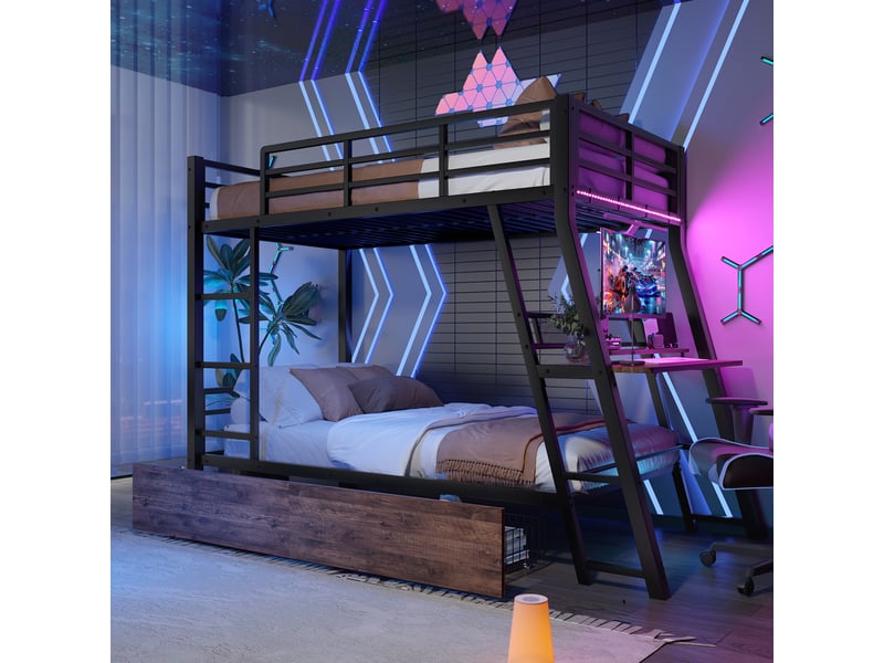  Lit superposé 90x200 cm avec bureau, 2 tiroirs et led réglable, structure en métal noir et mdf, sans matelas  - Conforama E