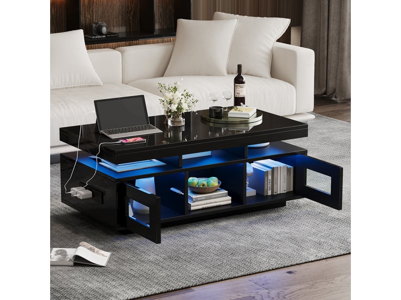 Table basse de salon rectangulaire 100x50x43 cm avec rangement, led, prise et usb, 2 portes et niches ouvertes en panneaux de particules - noir - Conforama E