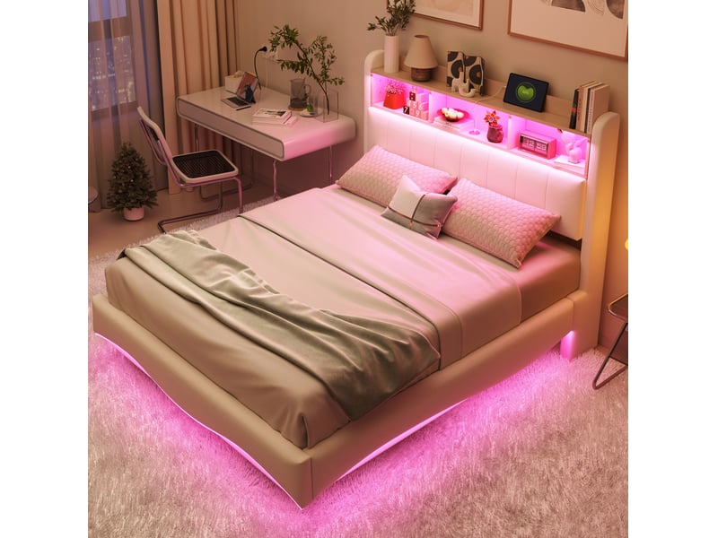 Lit capitonné 140x200 cm avec design suspendu, led, usb, type-c, rangement et tête de lit, tissu beige, sans matelas  - Conforama B