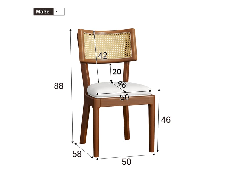  Chaise de salle à manger lot de 2 avec dossier en rotin  - assise rembourrée en lin, bois massif noyer  - Conforama D