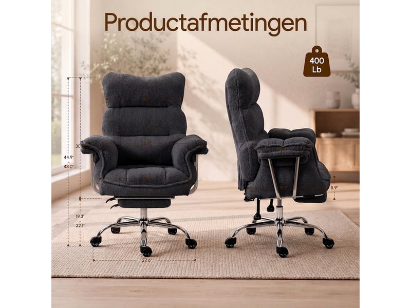  Dowinx fauteuil gaming ergonomique avec repose-pieds, ressorts ensachés, revêtement teddy fleece, charge max. 181 kg,noir  - Conforama D