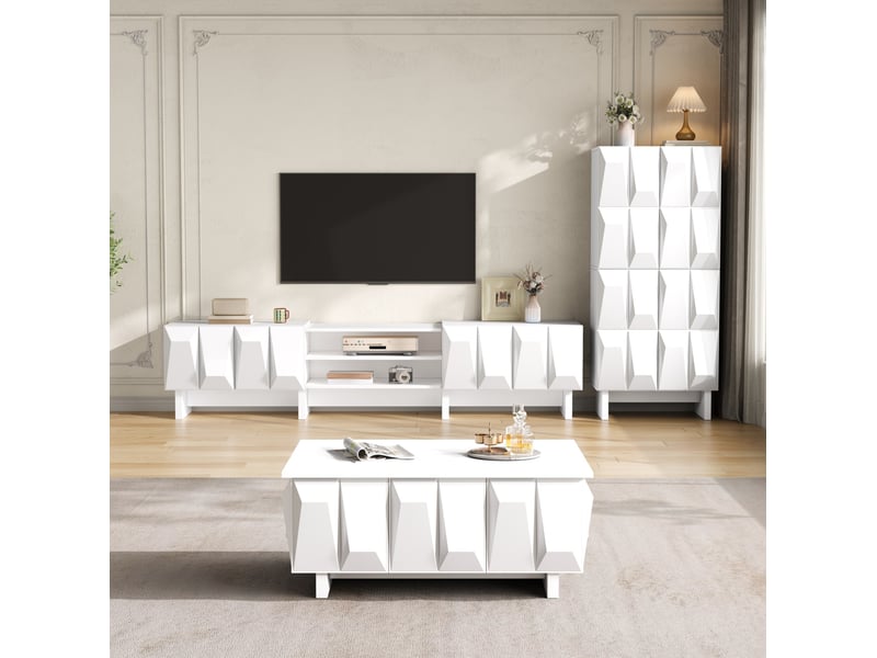  Ensemble meubles de salon 3 pièces blanc en panneau de particules, façades géométriques 3d et rangements intégrés  - Conforama D