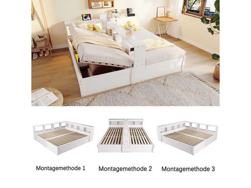 Canapé-lit 90180x200 cm, lit enfant, couchage d'appoint, rangement hydraulique, led, prise intégrée, bois blanc - Conforama R
