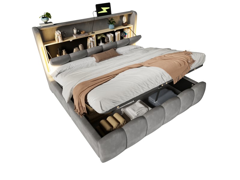  Lit capitonné, 180 x 200 cm, éclairage led, tête de lit avec compartiment de rangement, sans matelas, sommier coffre hydraulique, ports usb et type-c, velours  - Conforama A