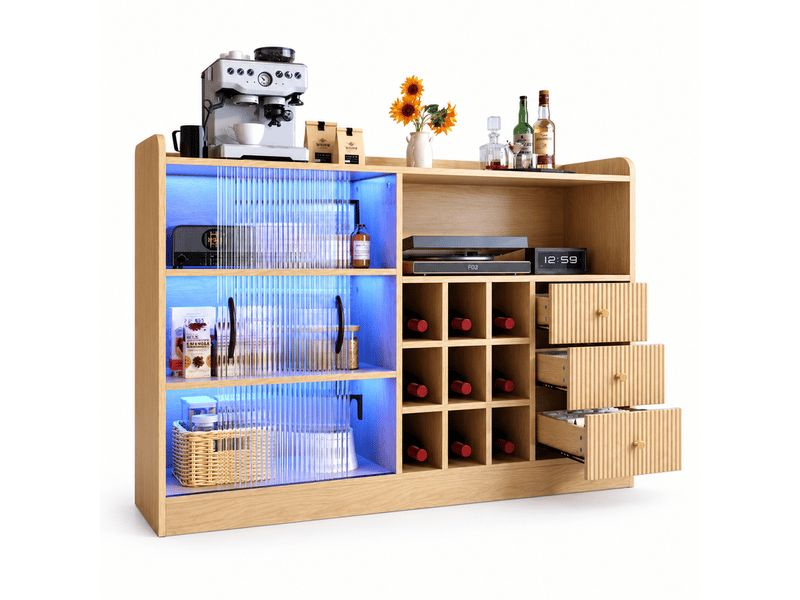 Buffet bar 120 cm avec casiers à bouteilles, meuble à vin rétro avec 2 portes coulissantes en verre translucide, tiroirs, niches et led via appli Seren Glow - Conforama A