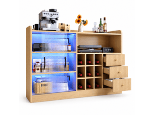 Buffet bar 120 cm avec casiers à bouteilles, meuble à vin rétro avec 2 portes coulissantes en verre translucide, tiroirs, niches et led via appli