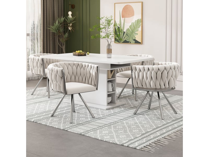  Chaise de salle à manger lot de 6, velours beige chaise rembourrée, rotation 360°, structure métal argenté, dossier ergonomique  - Conforama B