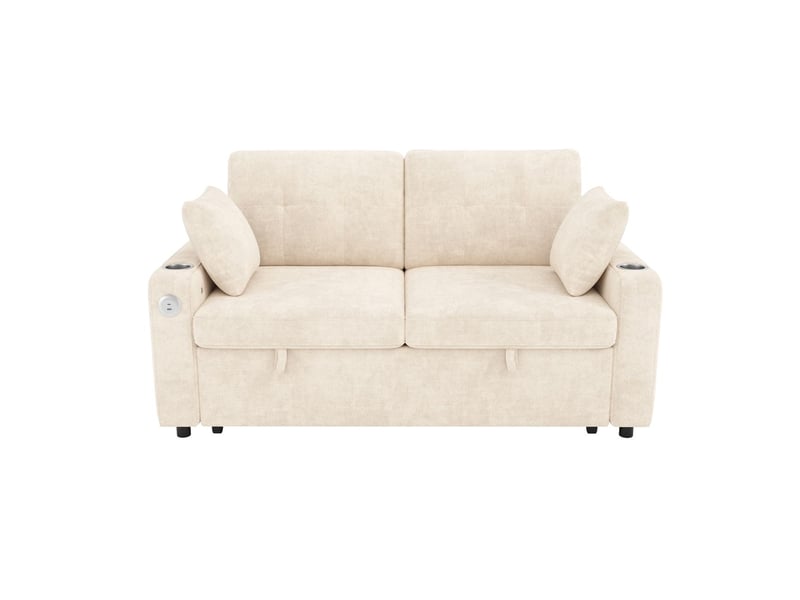  Canapé-lit 2 places éclairage led couchage d'appoint port de charge usb-c porte-gobelets rangement dans les accoudoirs 2 coussins coloris beige  - Conforama A