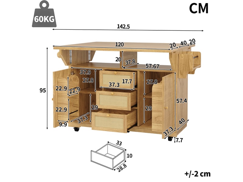  Desserte cuisine pliable 142,5x80x95 cm, îlot roulant, rangements, tiroirs, roulettes, mdf, métal et rotin pe, naturel  - Conforama C