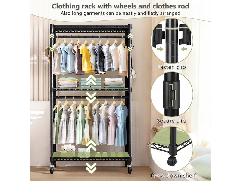  Portant à vêtements, rangement intégré, roulettes, en métal, noir cao-W5901P521794-conf-NEW - Conforama D