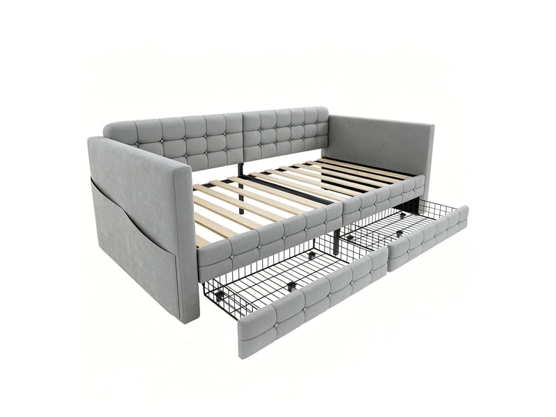 Lit rangement 90 x 190 cm en velours lit simple compartiments latéraux deux tiroirs sous le lit motif à carreaux gris clair - Conforama D