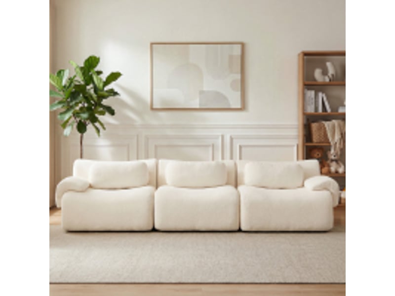 Canapé droit 3 places compressé à design ondulé, assise en mousse et larges accoudoirs en chenille blanc - Conforama B
