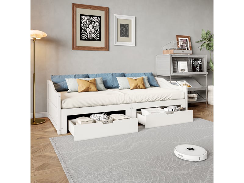  Canapé-lit pour enfant 90180 x 200 cm, lit de sol en bois avec sommier à lattes et 2 tiroirs, lit gigogne simple et double, lit fonctionnel avec cadre de lits pour enfants  - Conforama B