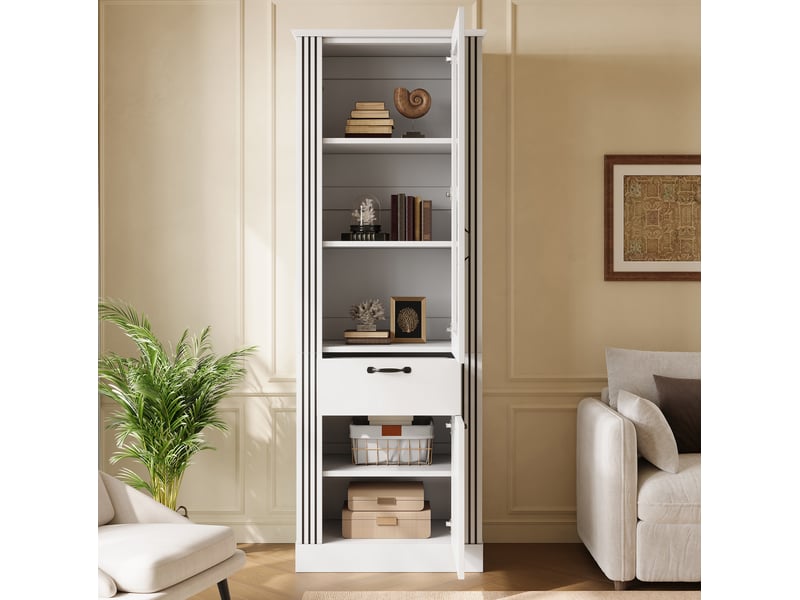 Buffet 62x41x180,5 cm avec led contrôlé par application, porte miroir, tiroir, panneau de particules, coloris blanc - Conforama D