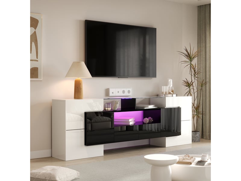  Meuble tv 200 cm – noir + blanc laqué, led app, 6 portes + 2 tiroirs  - Conforama B