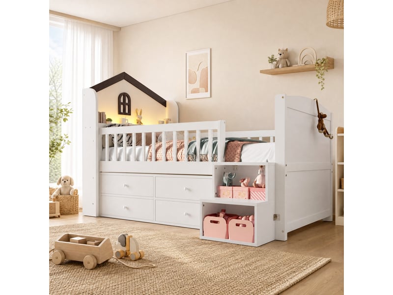  Lit semi-hauteur enfant 90 x 200 cm maison avec fenêtre, 4 tiroirs, échelle de rangement et led, blanc  - Conforama B