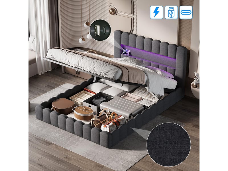  Lit coffre 180x200cm - lit double 180x200 rembourré en velours avec rangement, tête de lit, led rgb et prises usb - marron  - Conforama D