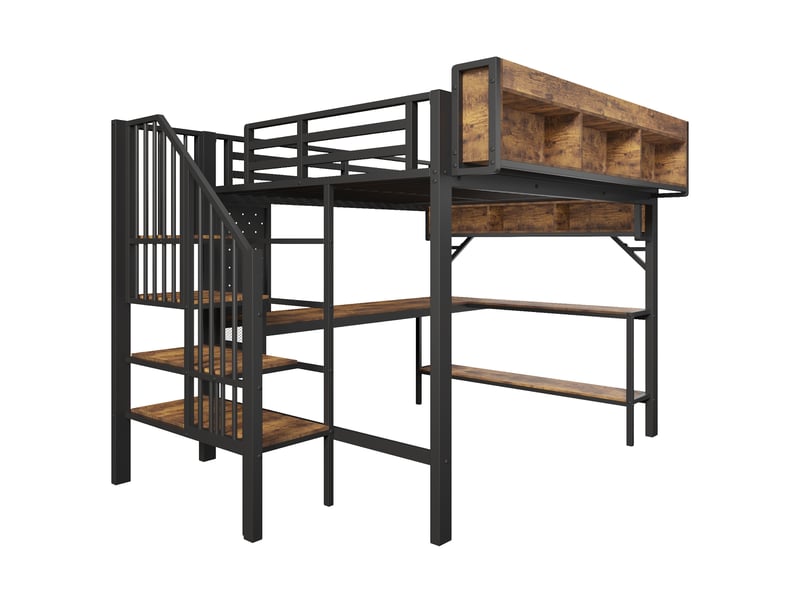 Lit mezzanine 140 × 200 cm led usb-c noir et brun avec bureau et rangements IKSETERA TRADING LTD - Conforama E