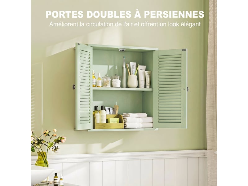  Armoire murale salle de bain verte, 2 portes persiennes et étagère réglable  - Conforama R