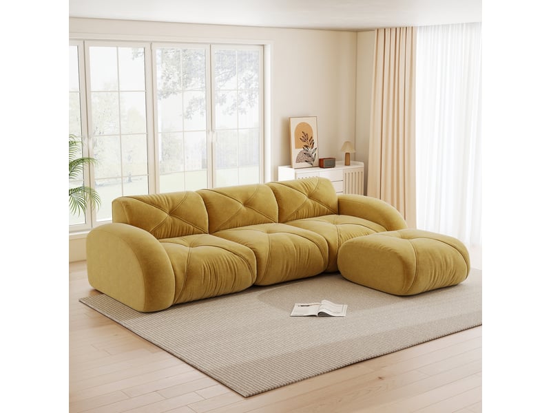 Fauteuil relax canapé d'angle modulaire 3 places en tissu chenille jaune avec repose-pieds intégré pour salon moderne - Conforama B