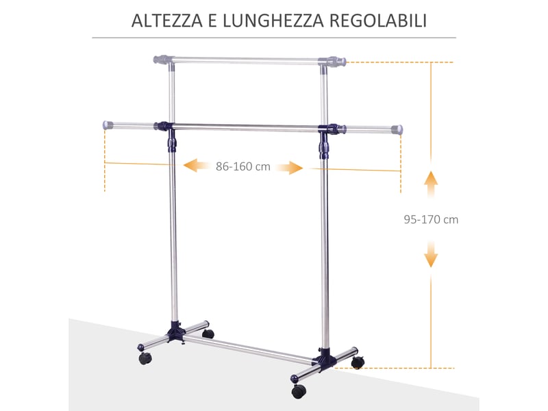  Portant à vêtements simple en acier inoxydable sur roulettes. Largeur et hauteur réglables.  - Conforama D