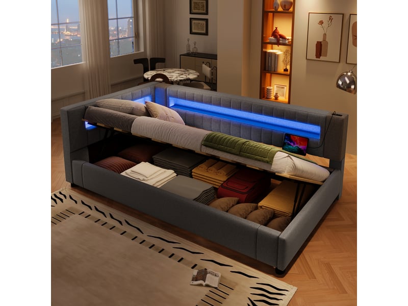  Banquette-lit 90*200cm, cadre lin et mdf, éclairage led, stockage hydraulique, usb-c, sans matelas, gris  - Conforama C