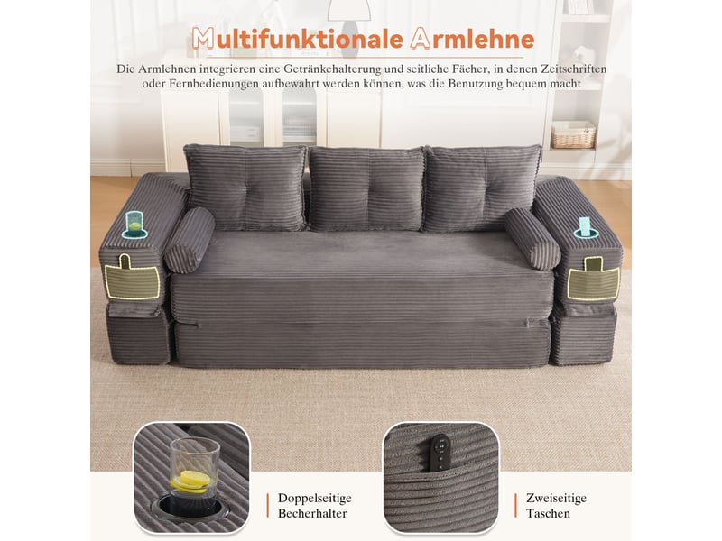  Canapé mousse haute densité à ressorts ensachés forme stable confortable poche de rangement porte-gobelet  - Conforama D