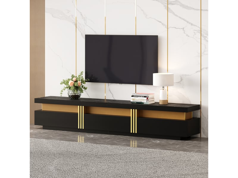  Meuble tv 200x40x42 cm lowboard aspect marbre, trois tiroirs et 1 passe-câbles, commode tv pour téléviseurs jusqu'à 90 pouces  - Conforama D