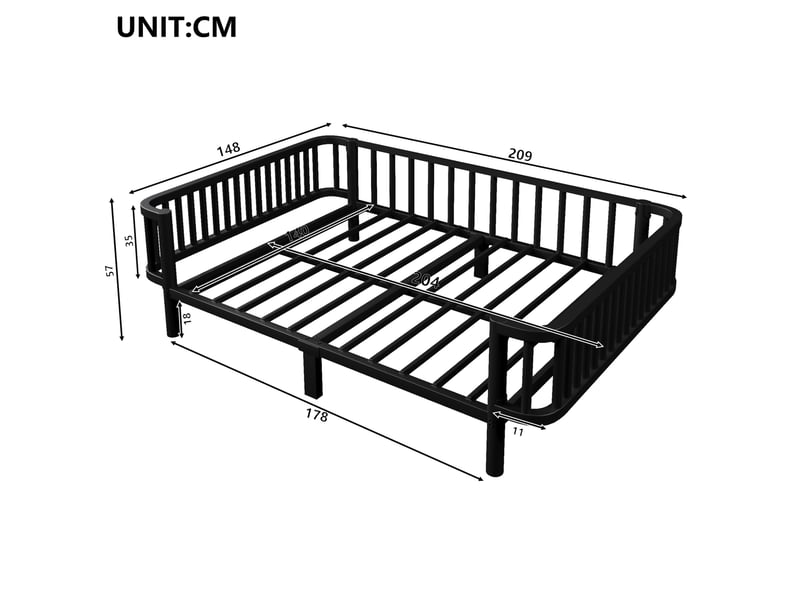  Lit double 140 × 200 cm à sommier acier renforcé, convertible en canapé pour chambre, salon, studio ou bureau, noir  - Conforama C