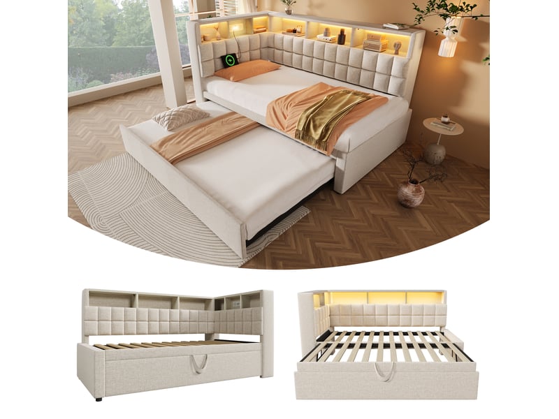  Modenvie lit gigogne 90x200 cm - avec led, ports usb-a et usb-c, haut-parleur bluetooth - sans matelas - beige  - Conforama D