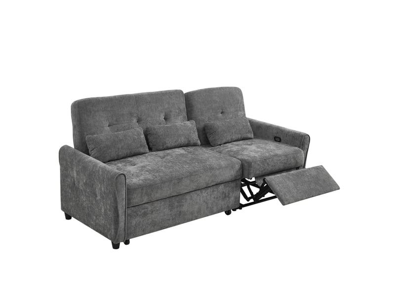 Canapé convertible 3 places avec dossier réglable et assise extensible, repose-pieds et 3 coussins en chenille gris - Conforama A