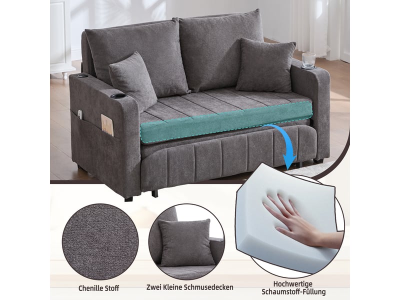  Canapé convertible lit gris chenille multifonctionnel avec rangement bras et usb pour salon moderne  - Conforama E