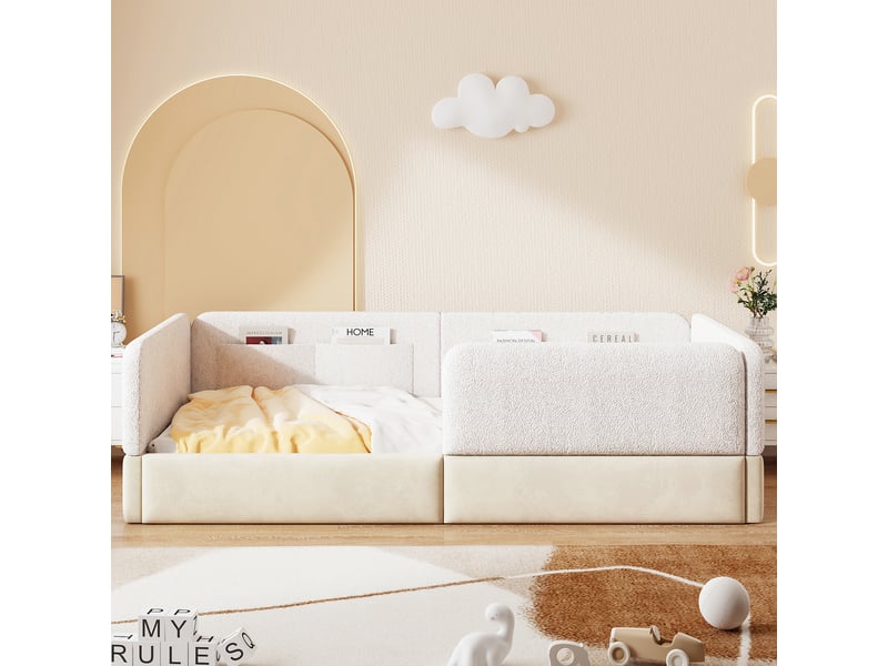  Lit enfant rembourré 90x200 cm blanc, garde-corps et rangements intégrés  - Conforama E