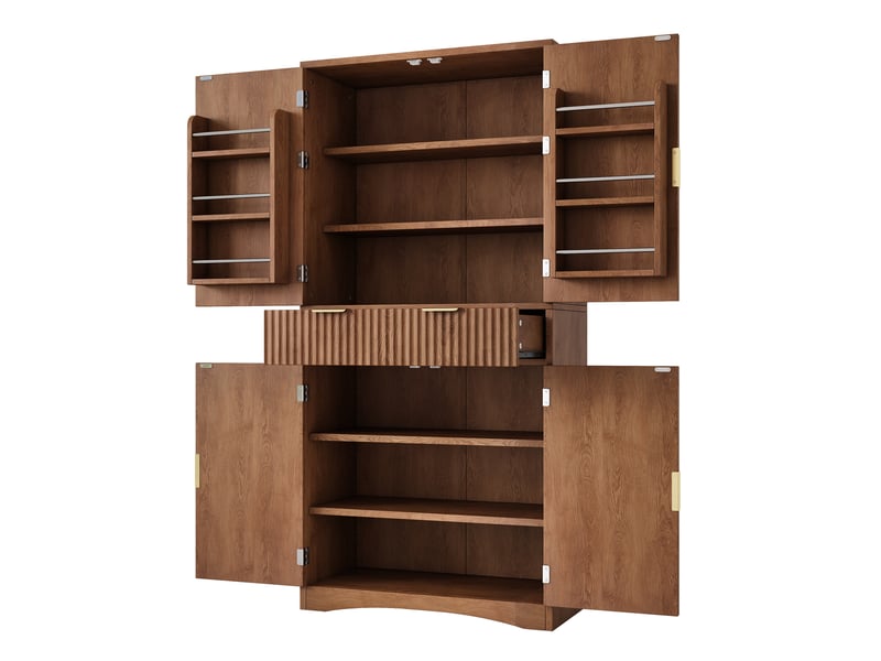  Buffet haut h180 cm avec portes rainurées - tiroirs, étagères réglables, rangements de porte intégrés et grand espace de stockage effet noyer Fay Lum - Conforama W