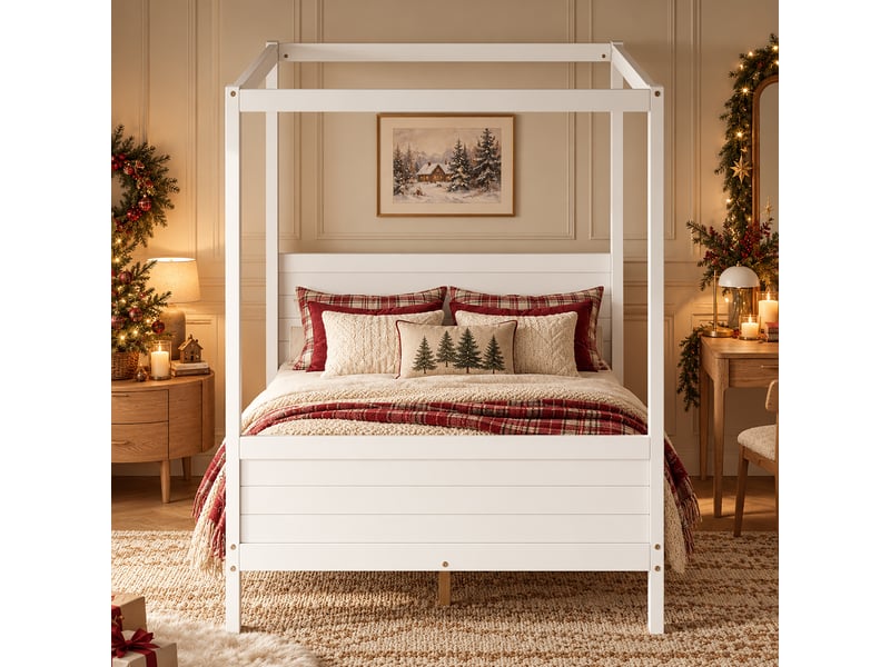  Lit enfant 140x200 cm, lit double, tête de lit avec rangement, espace inférieur modulable, cadre haut personnalisable, bois massif et mdf blanc OPULERANE TRADING LTD - Conforama B